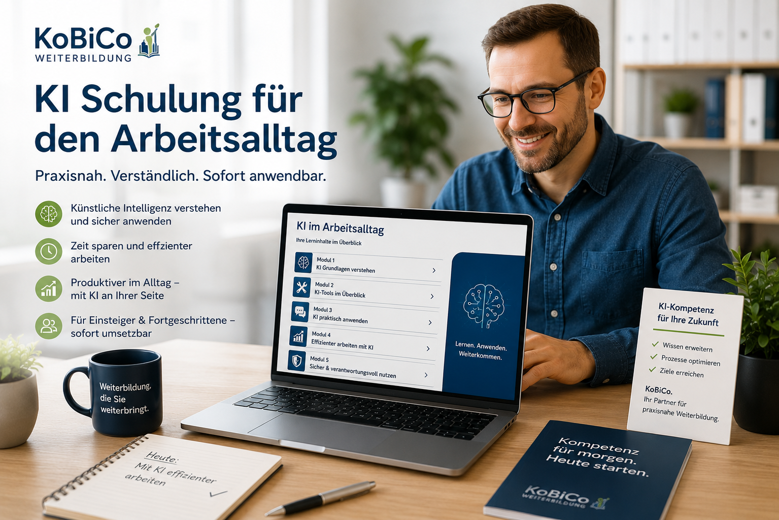 KI Schulung für den Arbeitsalltag mit Laptop und produktiver Arbeitsstruktur