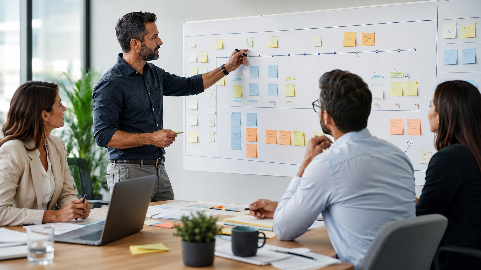Projektmanagement an einem Projektboard mit Teamplanung und Meilensteinen