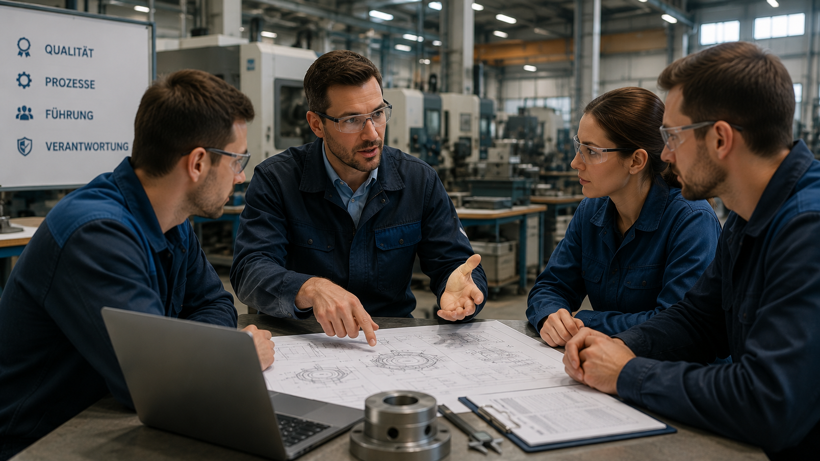 Industriemeister Metall in Fertigungshalle bei einer Meisterbesprechung