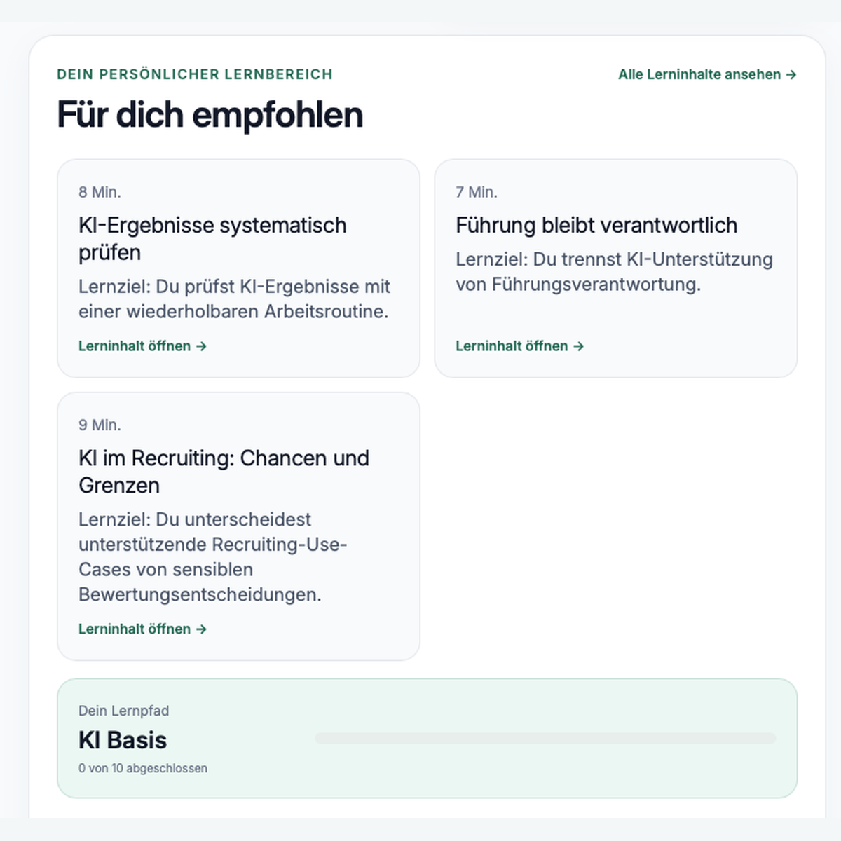 Dashboard der KoBiCo KI-Wissensbibliothek mit den Bereichen Für dich empfohlen, Deine Lernpfade, Neu diesen Monat und Zuletzt angesehen