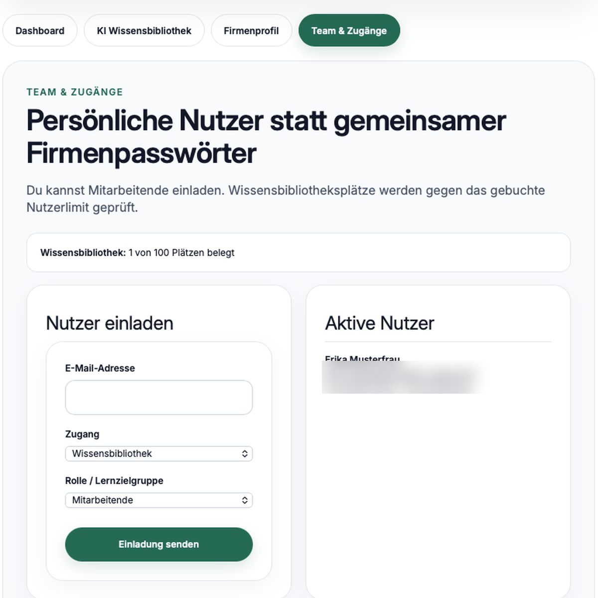 Übersicht für Firmenadministratoren in der KoBiCo KI-Wissensbibliothek mit vergebenen Nutzerplätzen, aktiven Nutzern, abgeschlossenen Inhalten und Lernpfad-Fortschritt