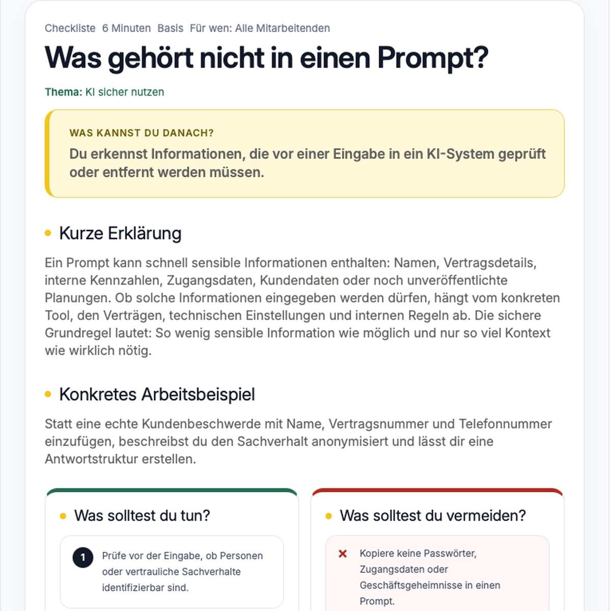 Geöffnetes Lernnugget in der KoBiCo KI-Wissensbibliothek zum Thema KI-Ergebnisse prüfen mit den Bereichen Lernziel, Praxisfall, Checkliste, Mini-Quiz und Transferaufgabe