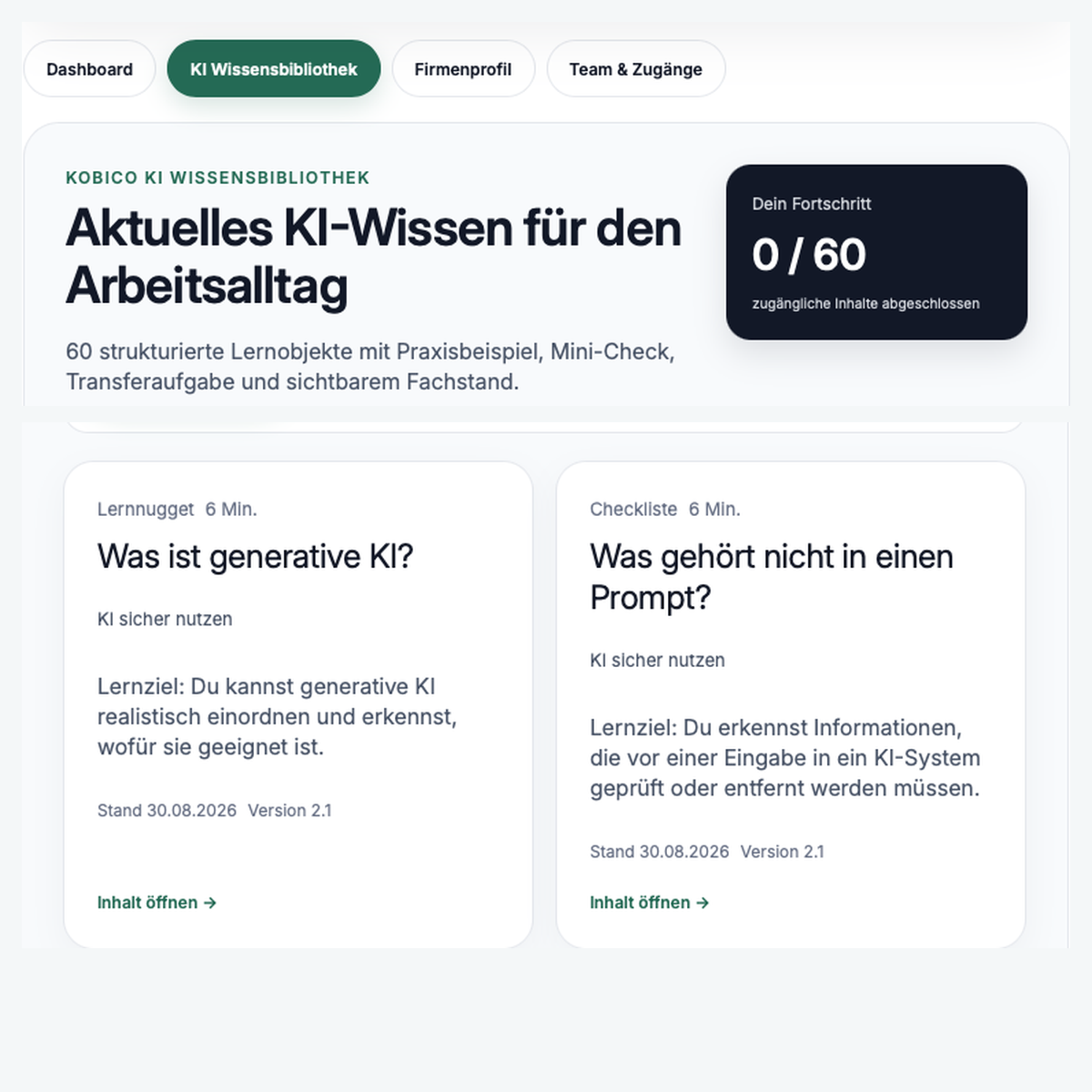 Übersicht der sechs Wissenswelten in der KoBiCo KI-Wissensbibliothek: KI sicher nutzen, KI produktiv einsetzen, Führungskräfte, HR, Ausbildung und Lernen sowie Governance und AI Act