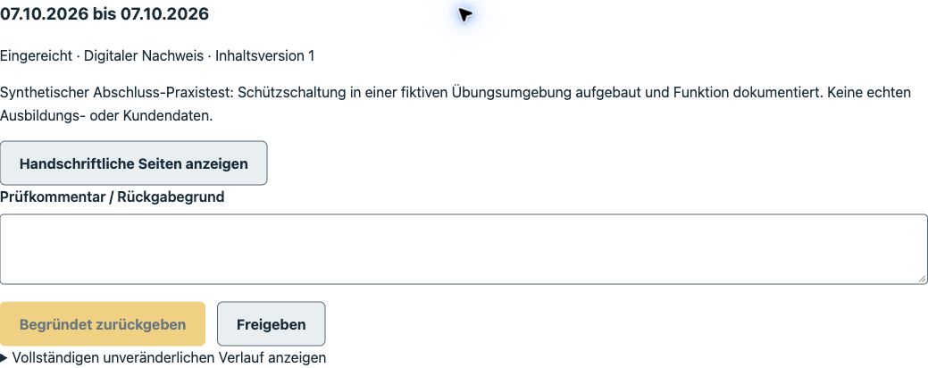 Echte AusbildungsDesk-Ansicht eines synthetischen digitalen Ausbildungsnachweises