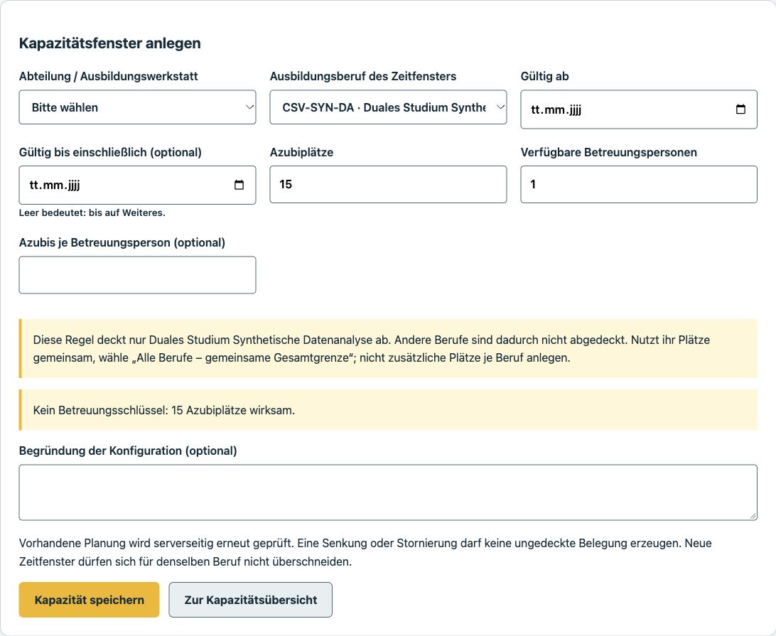 Echte AusbildungsDesk-Ansicht zur Konfiguration synthetischer Kapazitäten